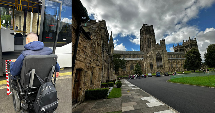 wheelchair user boarding the Durham Cathedral bus and shot of the exterior of Durham Cathedral
